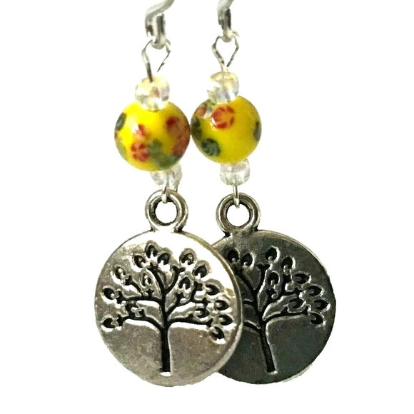 Vintage Tree of Life Murano Art Glass Bead Earrings Yellow Red Silver Plated - Picture 3 of 10